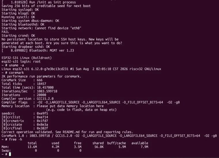 GrieferPig 在 ESP32-S31 上跑 Linux 6.12 的实际启动日志