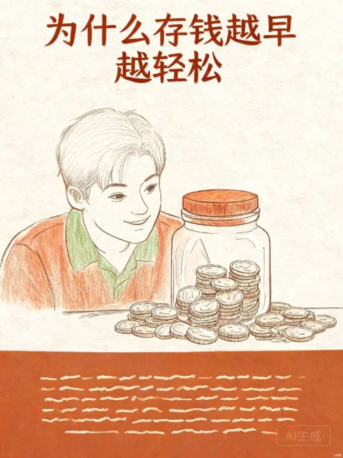 warm-editorial 默认风格示例帧——上方标题、中心手绘插画、底部字幕的竖屏结构