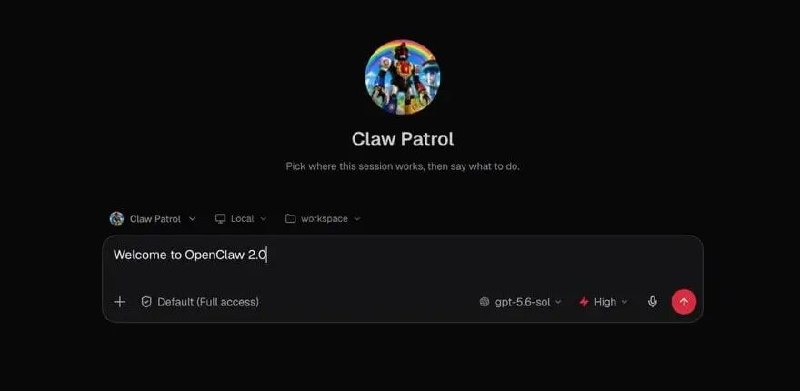 OpenClaw 浏览器应用展示了 Claw Patrol 代理和包含 Welcome to OpenClaw 2.0 的新消息合成器。
