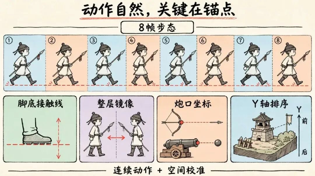 八帧步态、镜像、炮口与建筑接地校准